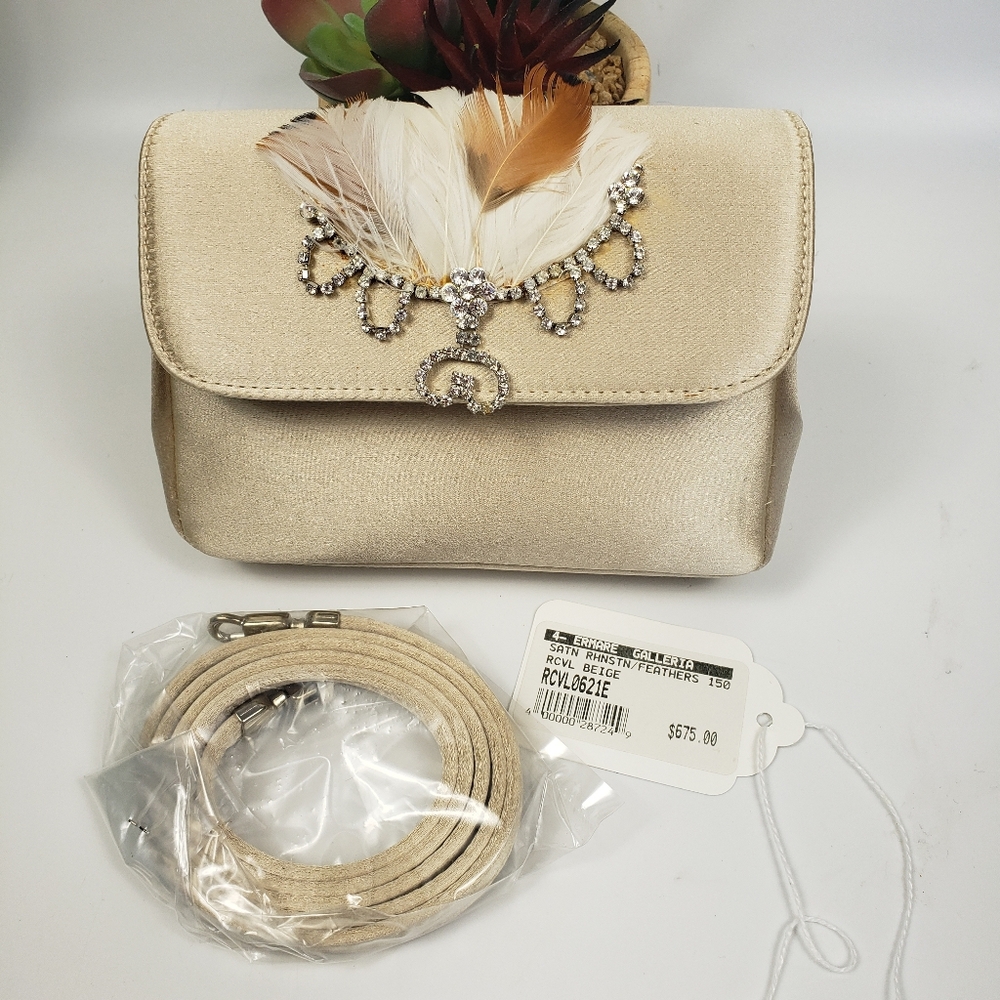 Rena Caovilla Cream Satin w/ Feather and Rhinestone Detail 6 x 4.5 Vintage